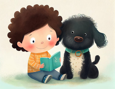 Little boy reading a book with his dog. Children's book illustration. AI generated.の素材
