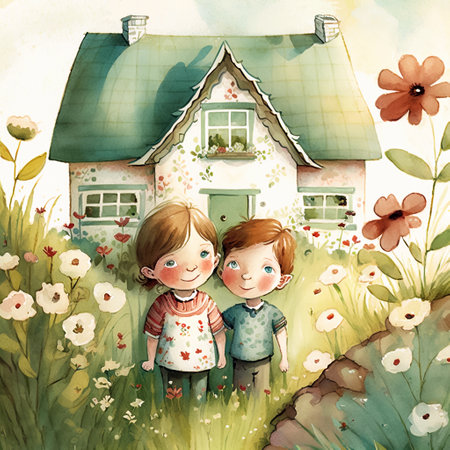Cartoon scene with cute kids in the garder at the house, watercolor illustration for children. AI generated.の素材