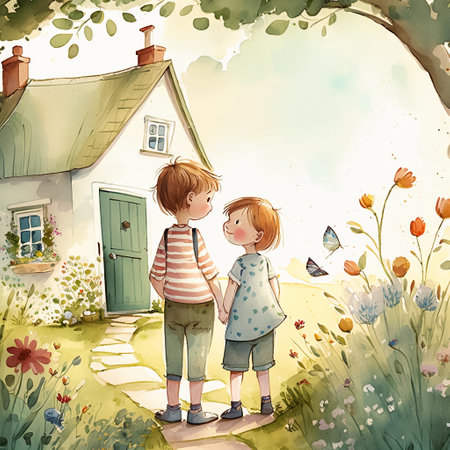 Digital Watercolor illustration. A young couple is holding hands and walking home. Country landscape. AI generated.の素材