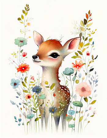 Watercolor illustration of a cute fawn with flowers on a white background. AI generated.の素材