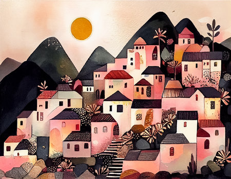 Watercolor illustration of a village in the mountains on a sunny day. AI generated.の素材