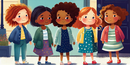 Cartoon pastel drawing. Teen girls standing in a row on the city street. Children's book illustration. AI generated.の素材