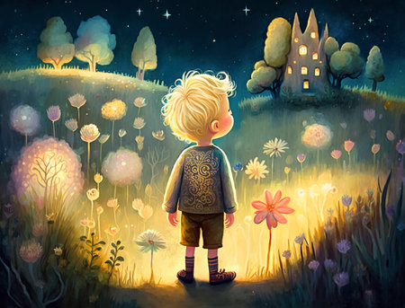 Little boy in fairyland. Children's book illustration. AI generated.の素材