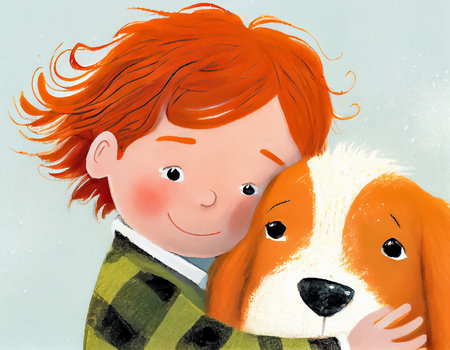 A boy hugging a dog. Children's book illustration of a child with a pet. AI generated.の素材