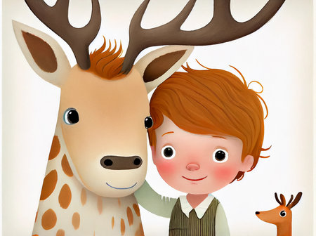 Portrait of a boy and a deer. Cartoon illustration for children's book. AI generated.の素材