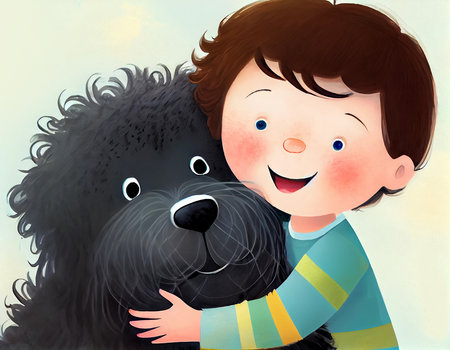 Cartoon scene with happy boy hugging his dog. Children's book illustration. AI generated.の素材