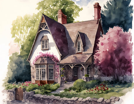 Watercolor painting of a house in the garden. Printable digital illustration. AI generated.の素材