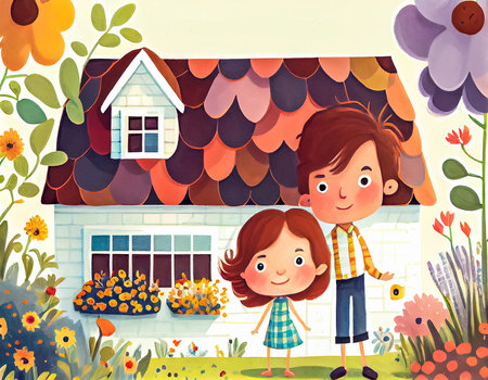 Watercolor illustration of a cute young couple in front of the house. AI generative.の素材