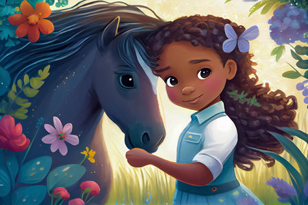 Portrait of cartoon happy little girl feeding a horse. Nature background. Illustration for children's book. AI generated.の素材