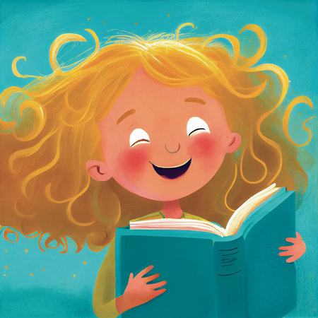 Happy little girl reading a book. Cartoon children's book illustration. AI generated.の素材