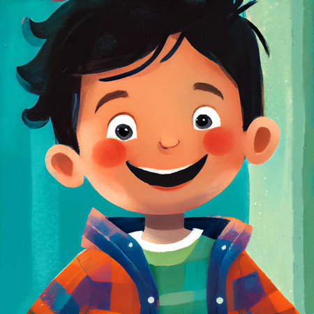 Close-up portrait of a happy boy with a smile on his face. Cartoon illustration for children's book. AI generated.の素材