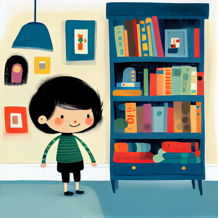 Child standing in front of a bookcase. Cartoon illustration. Children's book illustration. AI generated.の素材