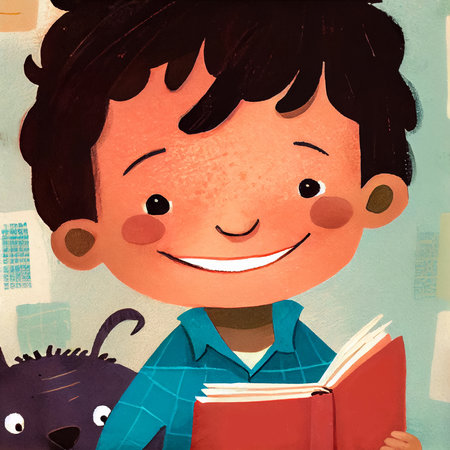 Cute little boy with his dog reading a book and smiling. Close-up children's book illustration. AI generated.の素材