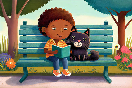 Cartoon scene with happy boy reading book with black cat in the park on a bench. Children's book illustration. AI generated.の素材