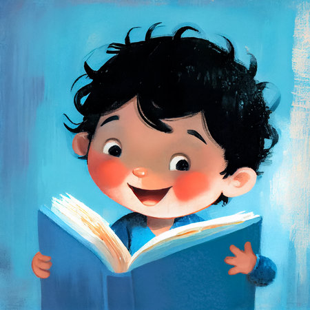 Cartoon cute little boy reading a book. Children's book illustration. AI generated.の素材