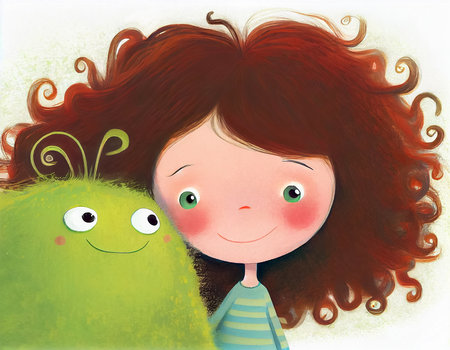 Cute little girl with smiling green monster on a white background. Cartoon illustration for children's book. AI generated.の素材