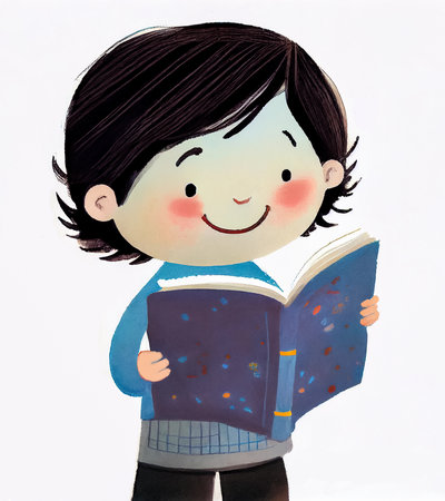 A boy reading a book. Cartoon character for children's book illustration, isolated on a white background. AI generated.の素材