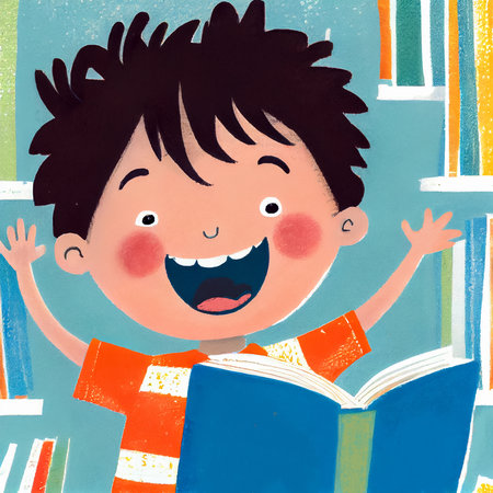Cartoon happy boy reading a book. Children's book illustration. AI generated.の素材