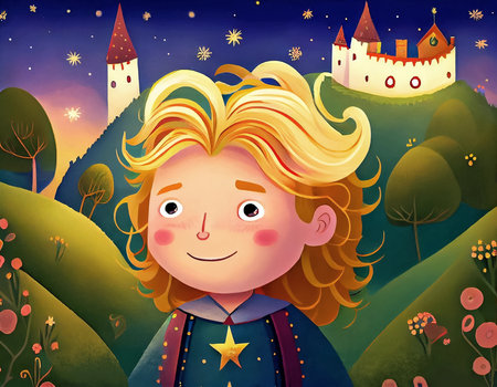 Cartoon fairytale prince in medieval costume and castle background, night scenery. Illustration for children's book. AI generated.の素材