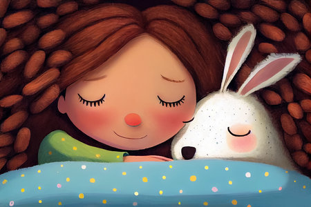 Cute little girl sleeping in the bed with toy white rabbit. Children's book illustration. AI generated.の素材