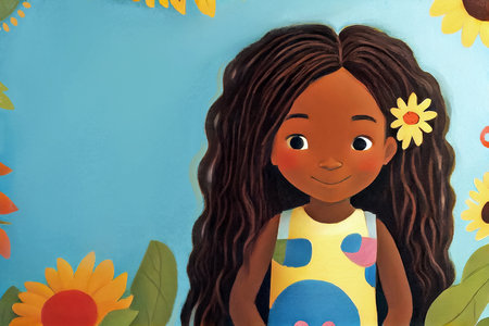 Portrait of cute little african american girl smiling at camera against blue background with sunflowers. Cartoon illustration for children's book. AI generated.の素材
