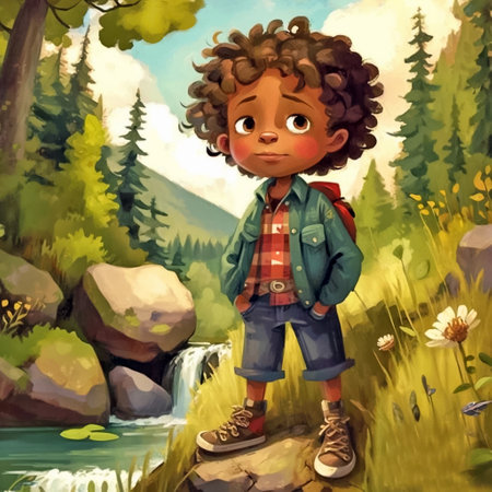 Cartoon scene with little boy in the forest. Illustration for children's book. AI generated.の素材