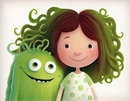 Cute little girl with happy green monster friend on white background. Children's book illustration. AI generated.の素材