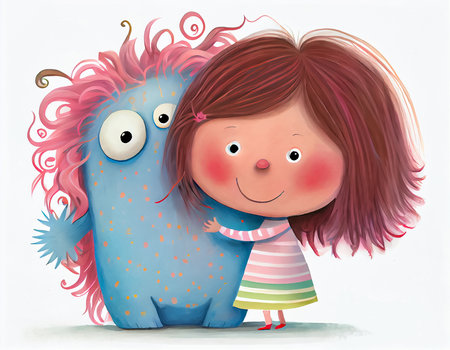Illustration of a little girl hugging a monster friend on white background. Cartoon illustration for children's book. AI generated.の素材