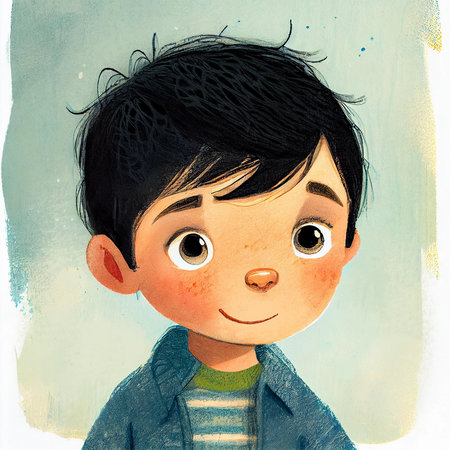 Portrait of cute little boy with a smile on his face. Close-up cartoon illustration for children's books. AI generated.の素材