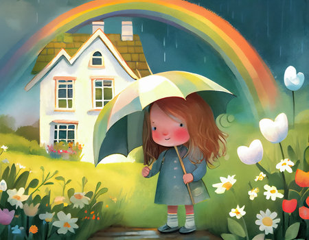 Cartoon scene with girl in the cottage garden under umbrella and with rainbow. Illustration for children's book. AI generated.の素材