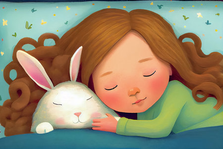 Cartoon little girl sleeping in her bed with a toy white rabbit. Children's book illustration. AI generated.の素材