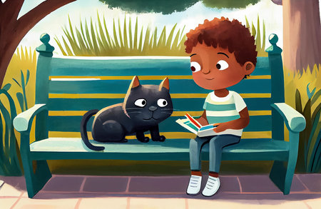 Cartoon scene with boy reading book in the park with black cat - illustration for children. AI generated.の素材
