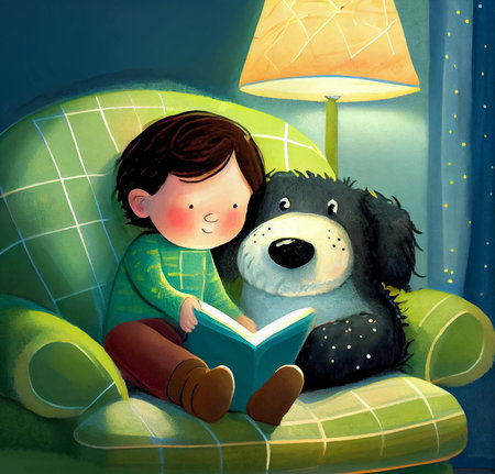 Boy reading a book with his dog on the armchair in the room. Cartoon illustration for children's book. AI generated.の素材