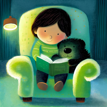 Boy reading a book on a green armchair with a teddy bear. Children's book illustration. AI generated.の素材
