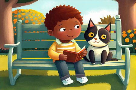 Cartoon scene with boy reading book in the park with cat. Illustration for children's book. AI generated.の素材