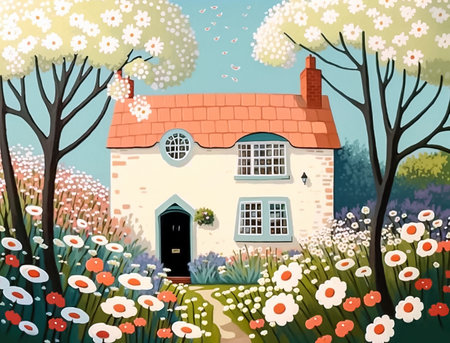 Country house among blossom cherry trees and flowers in the garden. Cartoon illustration for children's book. AI generated.の素材