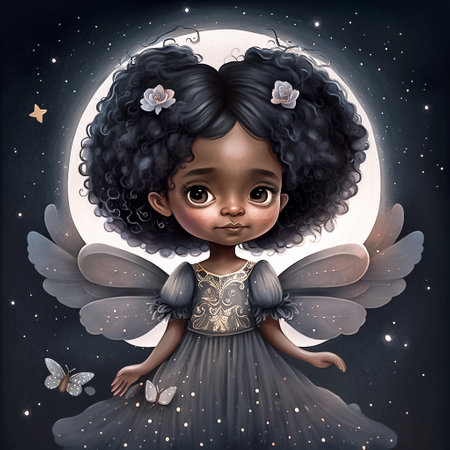 Beautiful little angel with wings in the night sky on the background of the moon, illustration for children's book. AI generated.の素材