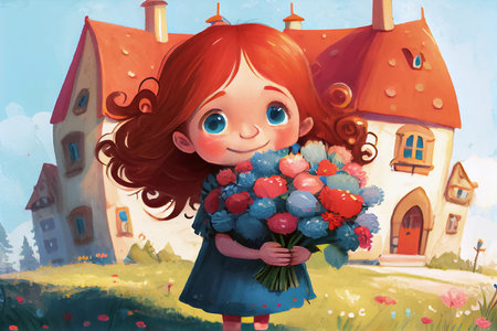 Cartoon scene with happy little girl with bunch of flowers on the background of the cottage on hill. Illustration for children's book. AI generated.の素材