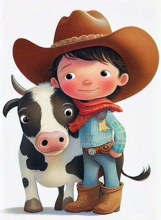 Cute cartoon little cowboy hugging cow on white background. Children's book illustration. AI generated.の素材