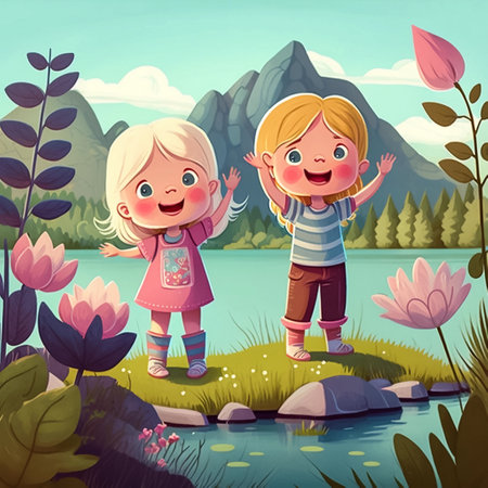 Happy little girls standing on the bank of the river. Cartoon illustration for children's book. AI generated.の素材