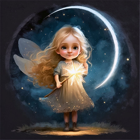 Little fairy with magic wand in the night sky. Fantasy illustration for children's book. AI generated.の素材