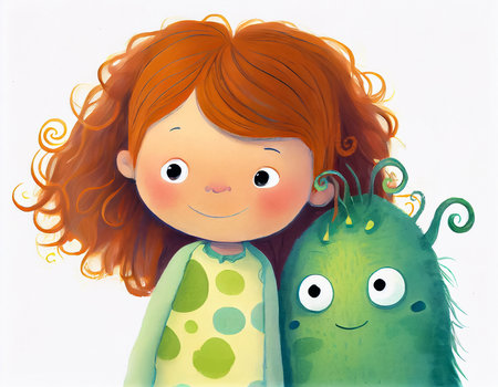 Little girl and a green monster on a white background. Fantasy illustration for children's book. AI generated.の素材