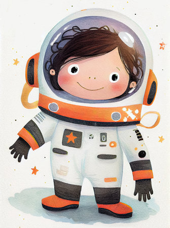 Cute kid wearing an astronaut suit, cartoon illustration, isolated on white background. AI generated.の素材