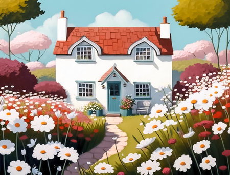 Beautiful spring landscape with county house and flowers. Cartoon illustration for children's book. AI generated.の素材