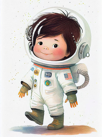 Cute little boy in astronaut suit on white background. Cartoon illustration for children's book. AI generated.の素材
