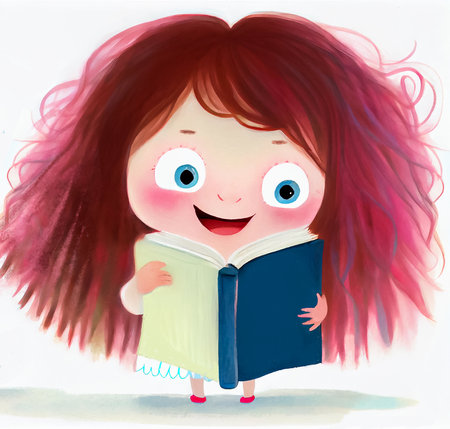 Cartoon happy little girl with red hair and a book. Isolated on white background. Children's book illustration. AI generated.の素材