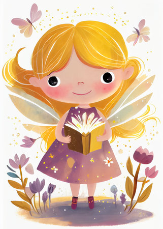Cute little fairy reading a book. Cartoon illustration, isolated on white background. AI generated.の素材