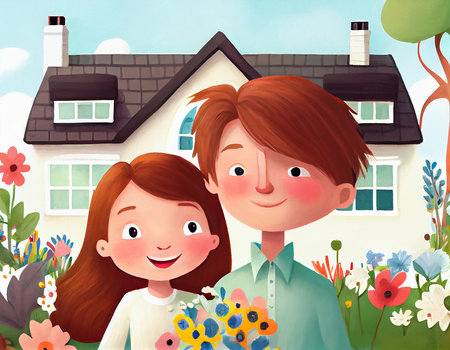 Happy young family in front of the house with flowers. Cartoon illustration. AI generated.の素材