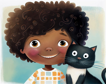 Portrait of happy little girl with cat. Children's book illustration. AI generated.の素材