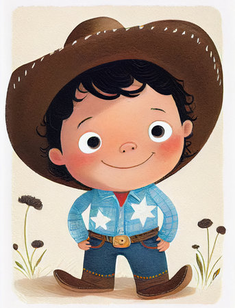Cute cartoon boy wearing a cowboy costume. Children's book illustration. AI generated.の素材
